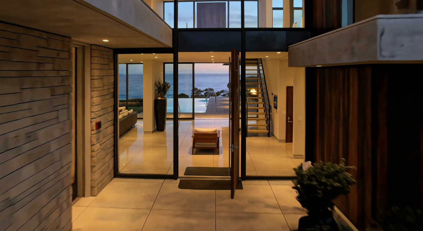 The property website open on a laptop, showing the great room at dusk.