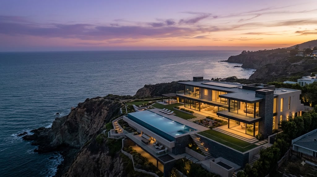 The property page hero: an aerial photograph of the estate on the cliff edge above the Pacific at sunset.